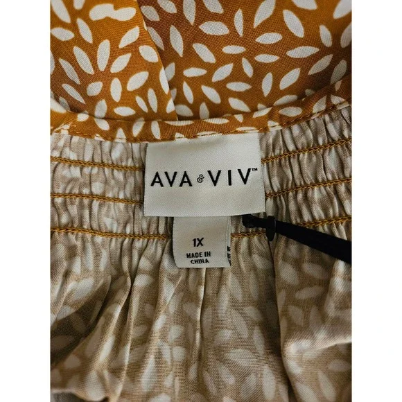 Ava & Viv Womens Plus 1X Yellow Print Smocked Neck Puff Sleeve NEW Boho Peasant - Picture 6 of 8